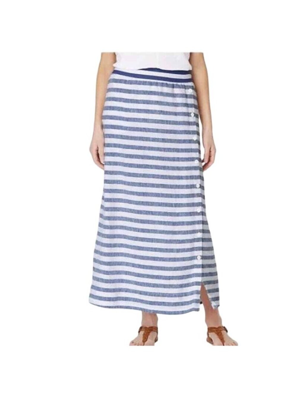 J. Jill Love Linen Womens Blue & White Striped Maxi Skirt Side Button Size 3X